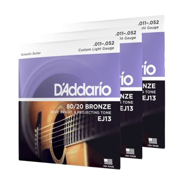 Corde Acustica D'Addario EJ13 80/20 Bronze Custom Light 11-52 3 pezzi