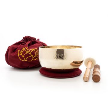 Campana Klangschalen 16,5cm inciso Loto canto con 2 battenti,cuscino e pochette